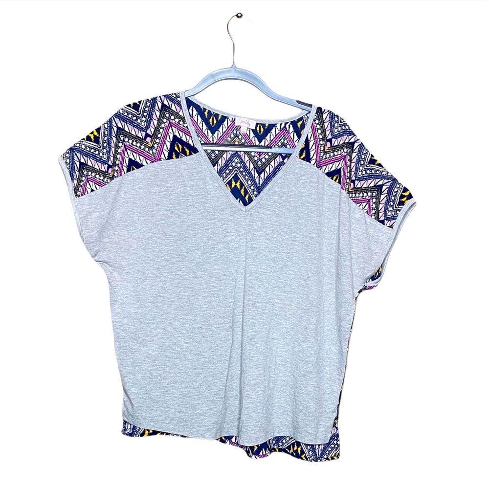 Pixley‎ Anthropologie Large Mixed Print Top Gray Chevron Boho Blouse
